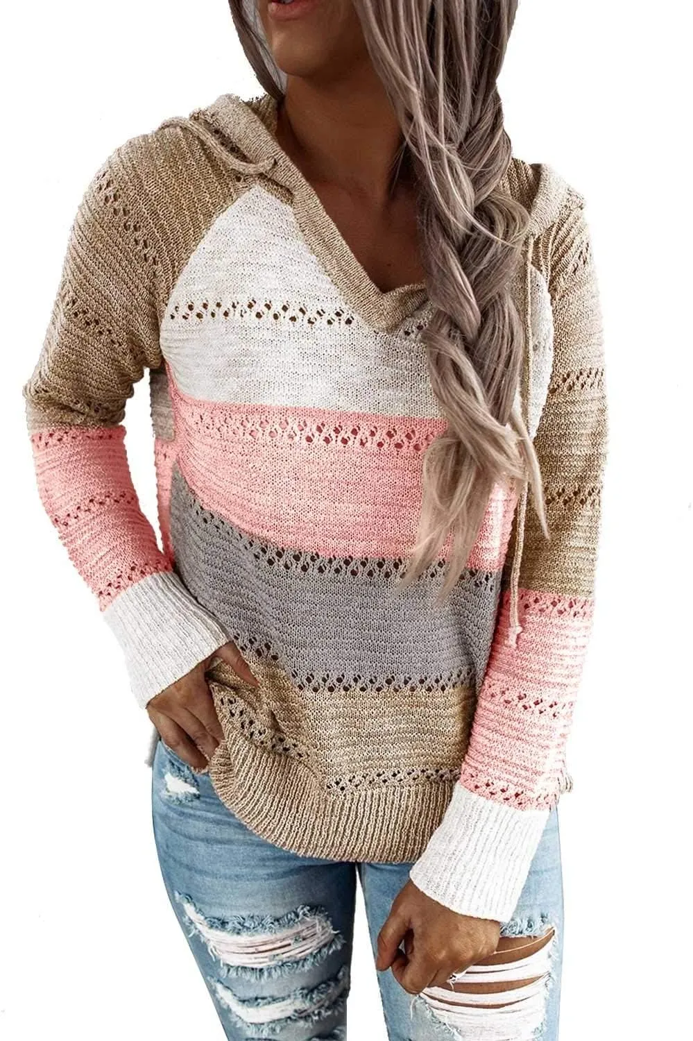 BLENCOT Women Color Block Hooded Crochet Striped Sweaters Lightweight Drawstring Hoodies Pullover Trendy Sweatshirts