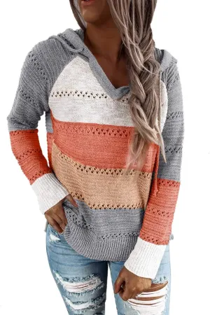 BLENCOT Women Color Block Hooded Crochet Striped Sweaters Lightweight Drawstring Hoodies Pullover Trendy Sweatshirts