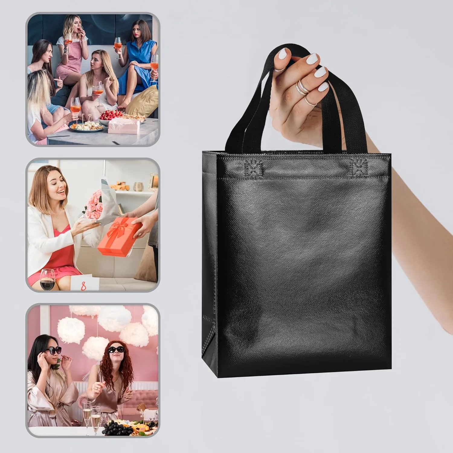 BLEWINDZ 18Pcs Black Reusable Party Favor Bags with Tissues, Medium size Goodie Bags - Perfect as Birthday Gift Bag, Shopping Bag