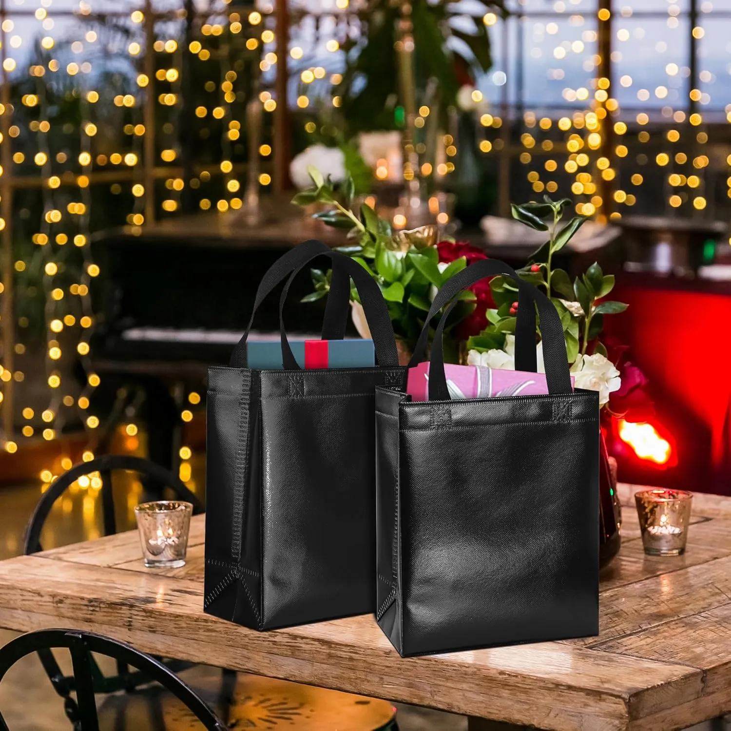 BLEWINDZ 18Pcs Black Reusable Party Favor Bags with Tissues, Medium size Goodie Bags - Perfect as Birthday Gift Bag, Shopping Bag