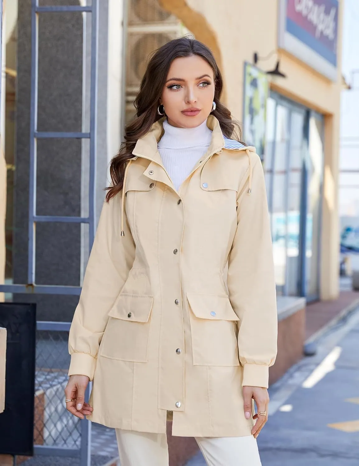 Bloggerlove Rain Jacket Women Lightweight Raincoat Waterproof Windbreaker Striped Climbing Outdoor Hooded Trench Coats S-XXL