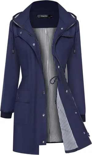Bloggerlove Rain Jacket Women Lightweight Raincoat Waterproof Windbreaker Striped Climbing Outdoor Hooded Trench Coats S-XXL