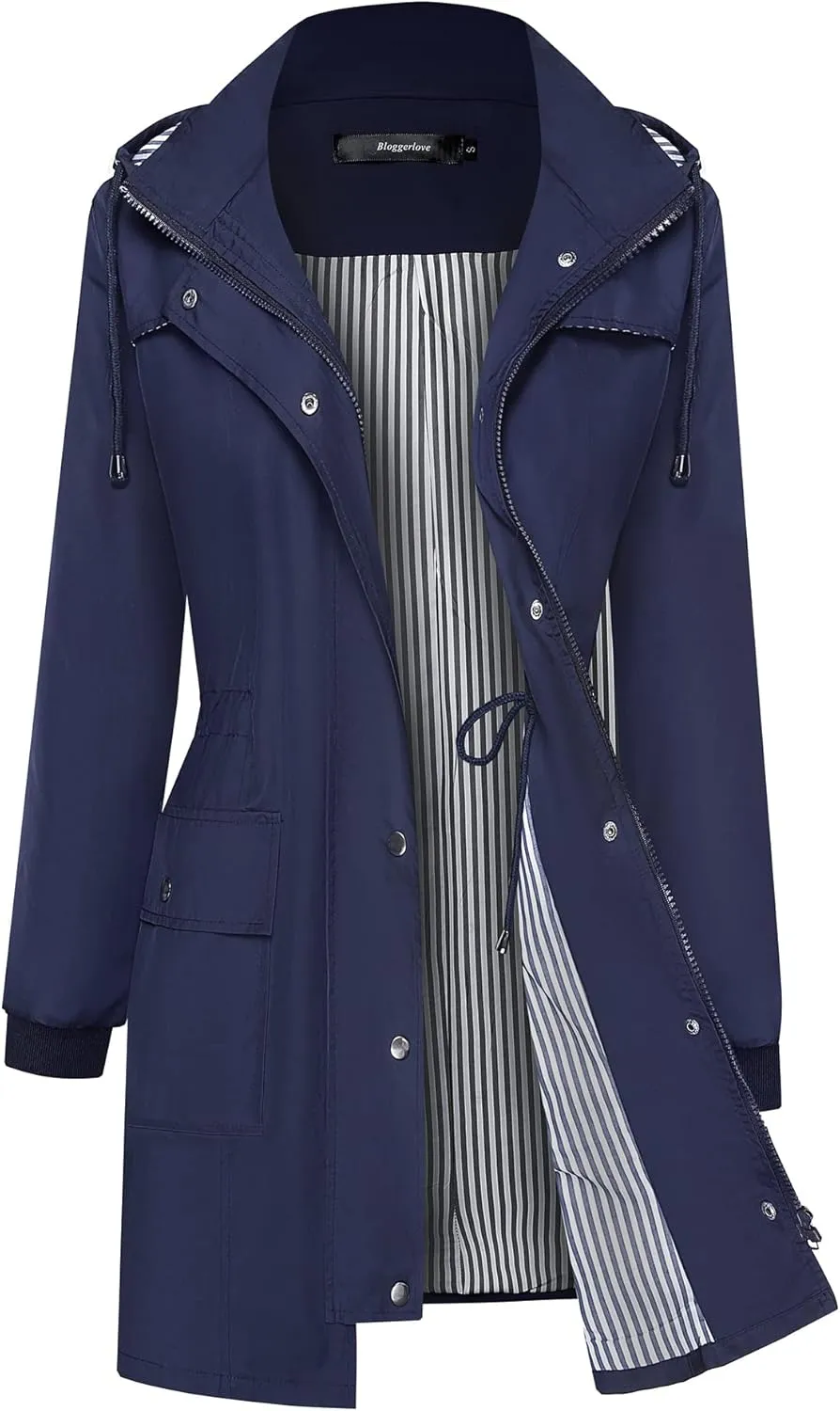 Bloggerlove Rain Jacket Women Lightweight Raincoat Waterproof Windbreaker Striped Climbing Outdoor Hooded Trench Coats S-XXL