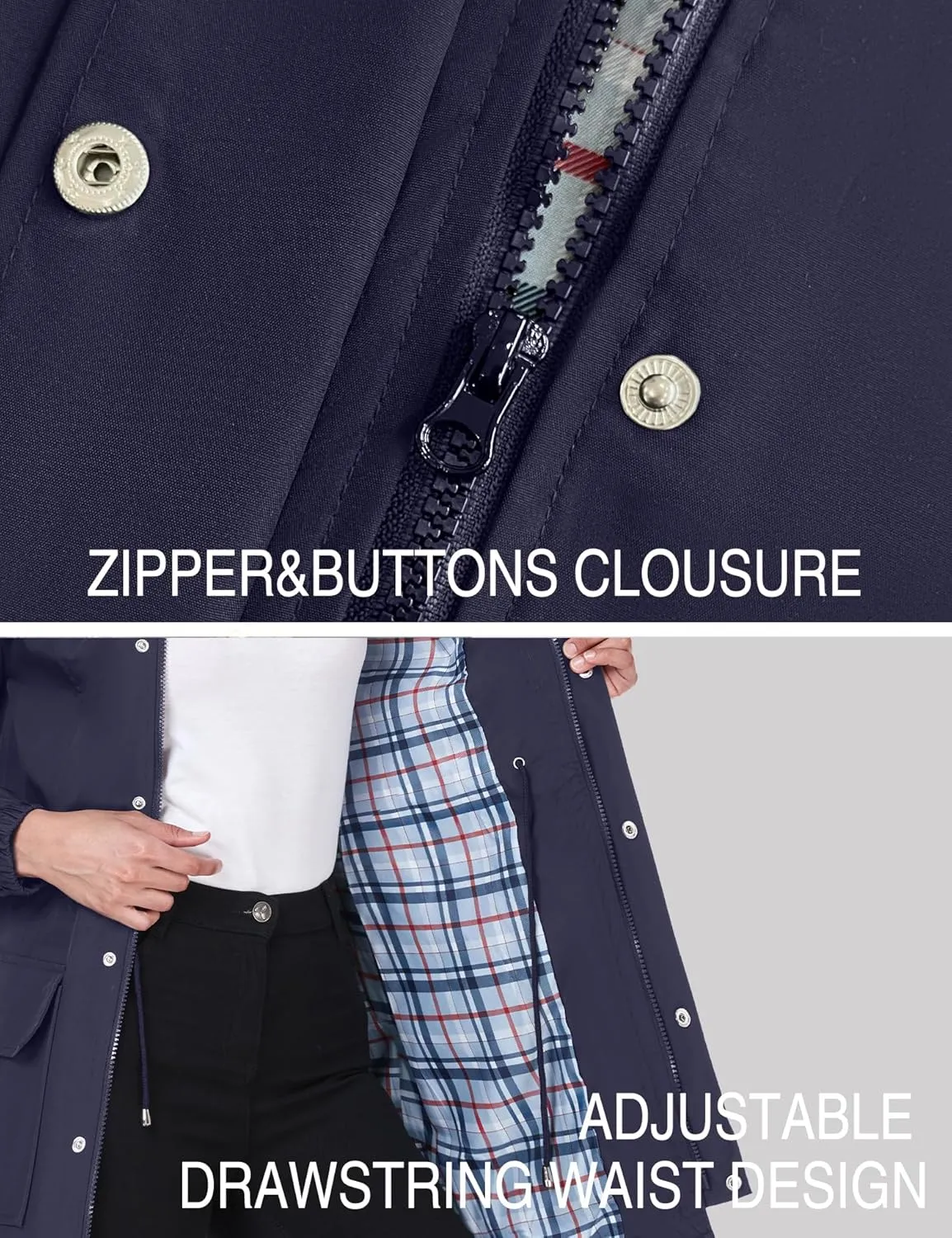 Bloggerlove Rain Jacket Women Lightweight Raincoats Outdoor Waterproof Windbreaker Hooded Plaid Lined Trench Coat S-XXL
