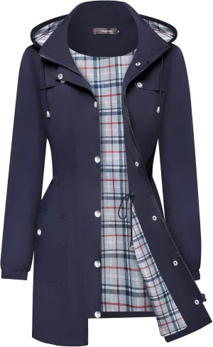 Bloggerlove Rain Jacket Women Lightweight Raincoats Outdoor Waterproof Windbreaker Hooded Plaid Lined Trench Coat S-XXL