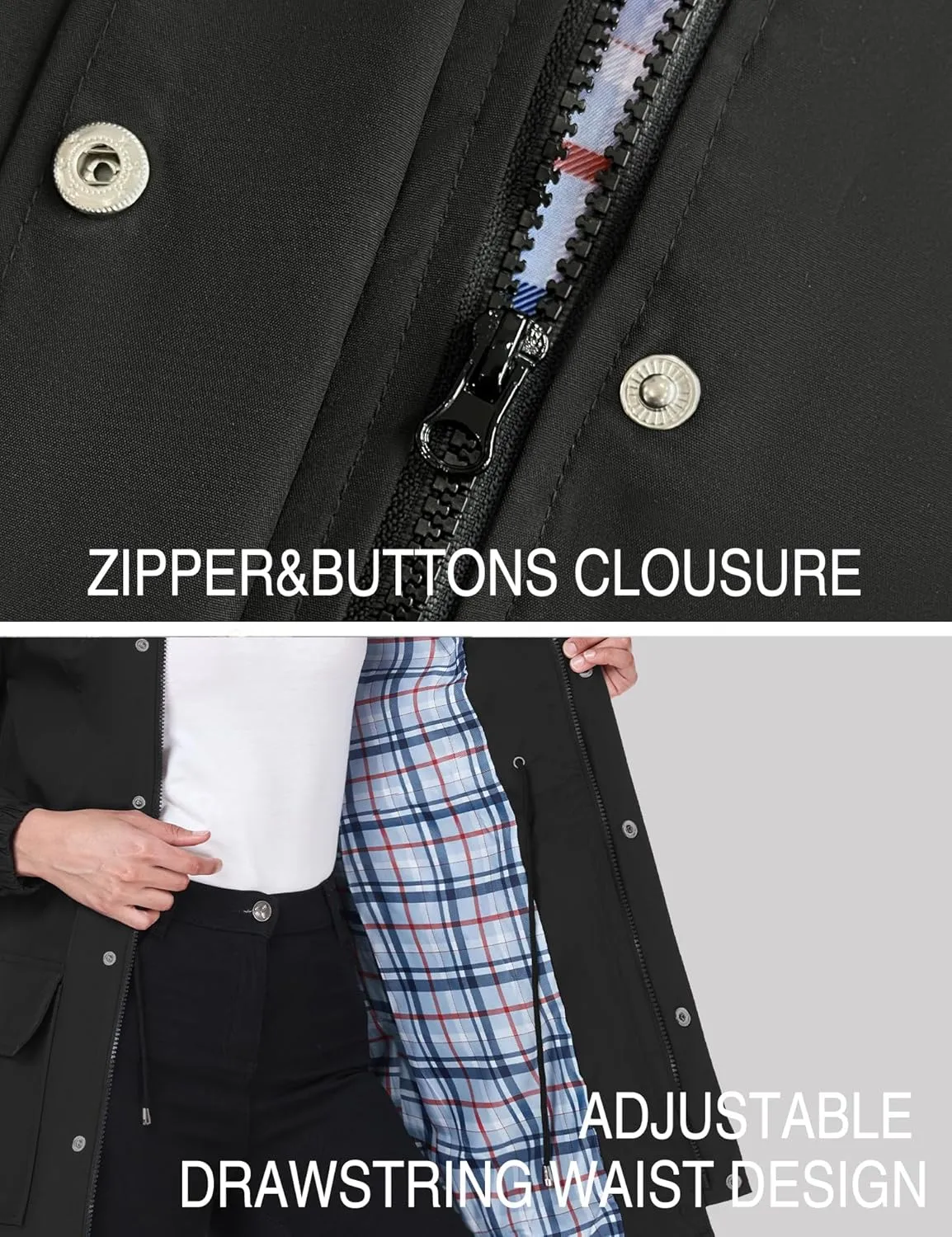 Bloggerlove Rain Jacket Women Lightweight Raincoats Outdoor Waterproof Windbreaker Hooded Plaid Lined Trench Coat S-XXL