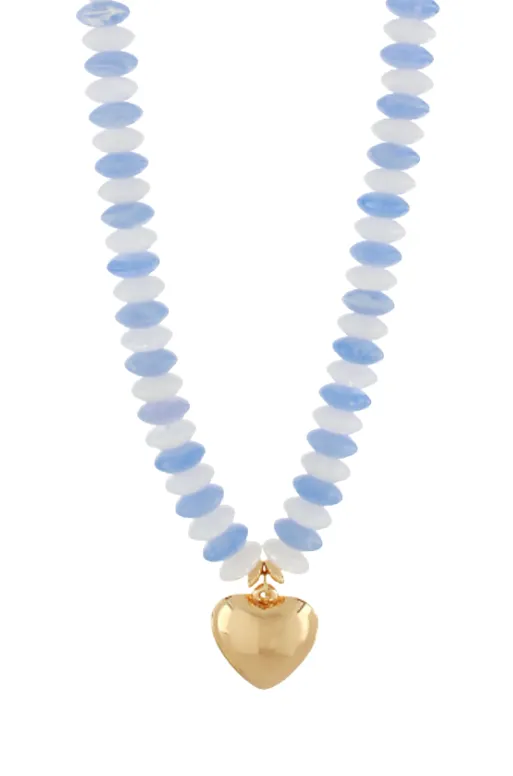 Blue Beaded Puffy Heart Necklace