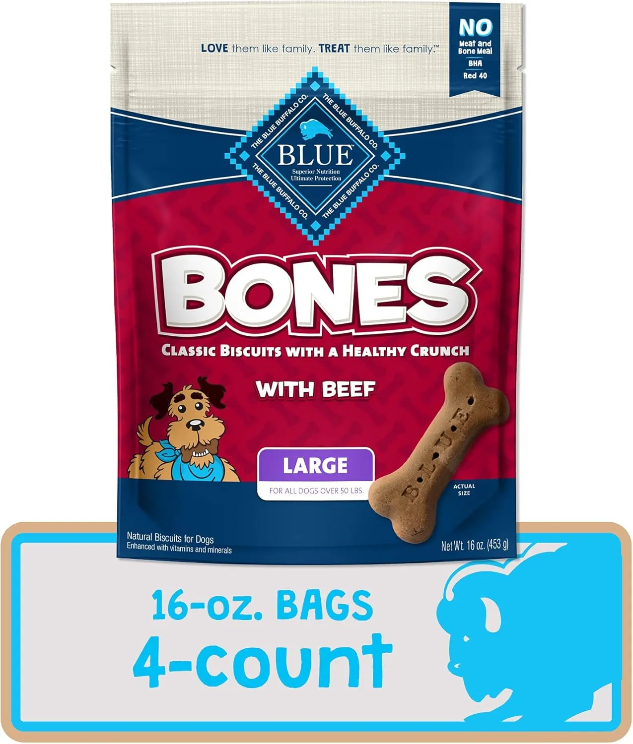 Blue Buffalo Bones Natural Crunchy Dog Treats Large Dog Biscuits Beef, 16oz. Bag, 4 Count
