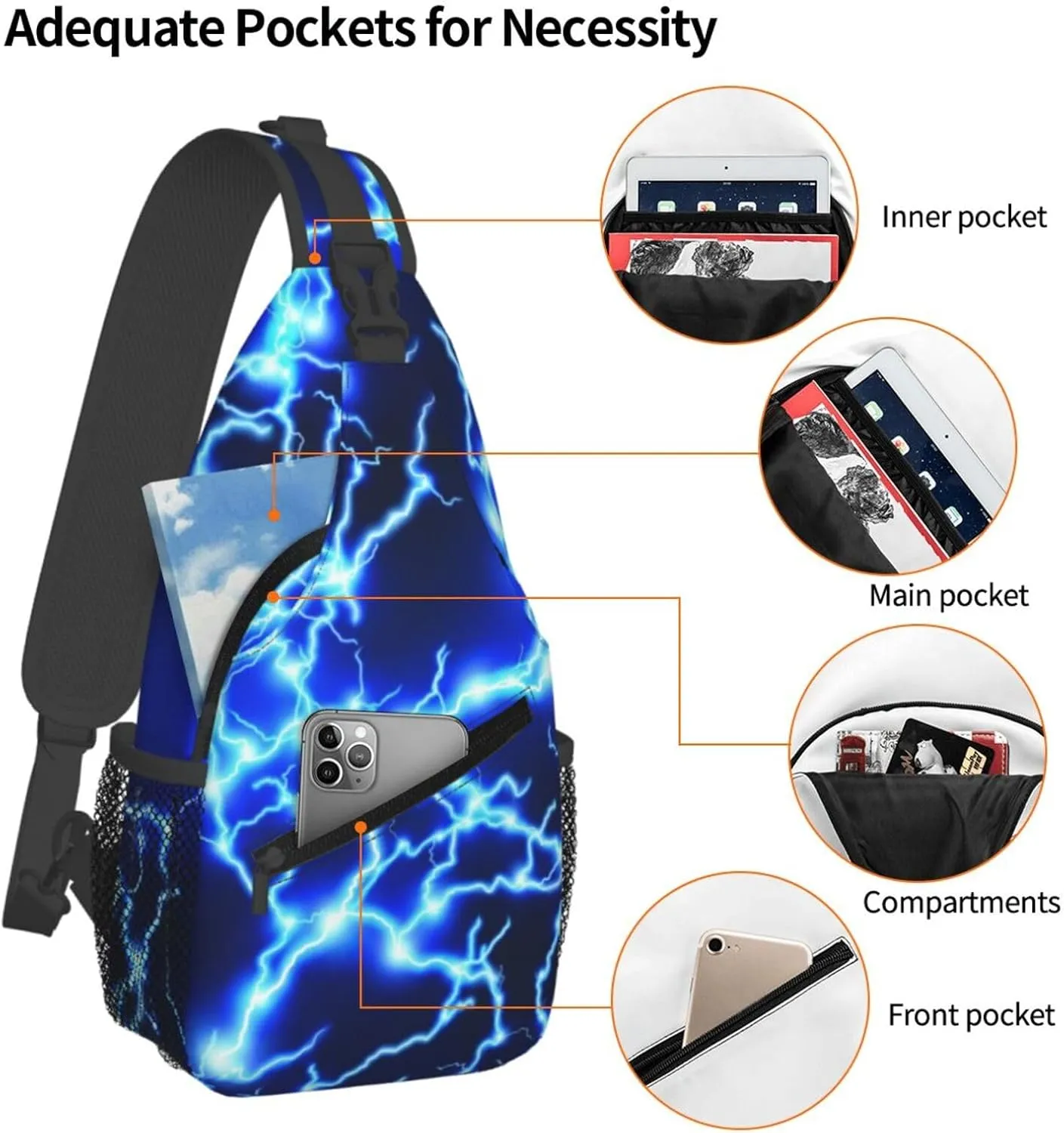 Blue lightning pattern Crossbody Bag Adjustable Sling Bag Casual Chest Bags Travel Shoulder Backpack