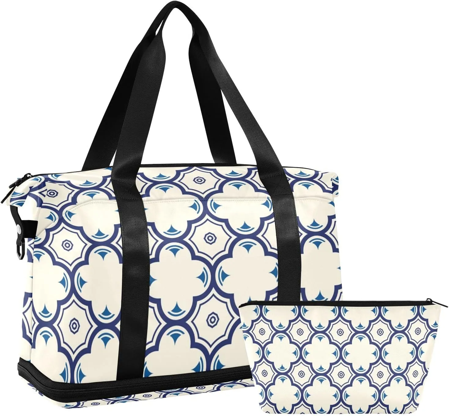 Blue Quatrefoil Lattice Versatile Sports Travel Bag - Lasting Twill Tote, Removable Wheel & Rod Bagging, Multi-pocket Design, Complimentary Makeup Bag