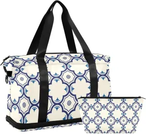 Blue Quatrefoil Lattice Versatile Sports Travel Bag - Lasting Twill Tote, Removable Wheel & Rod Bagging, Multi-pocket Design, Complimentary Makeup Bag