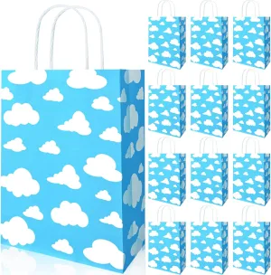 Bolsome 12 Pack Blue Sky White Clouds Paper Gift Bags with Handle Blue and White Cartoon Themed Candy Bags for Birthday Baby Shower Airplane Theme Rainbow Theme Cartoon Story Party Supplies