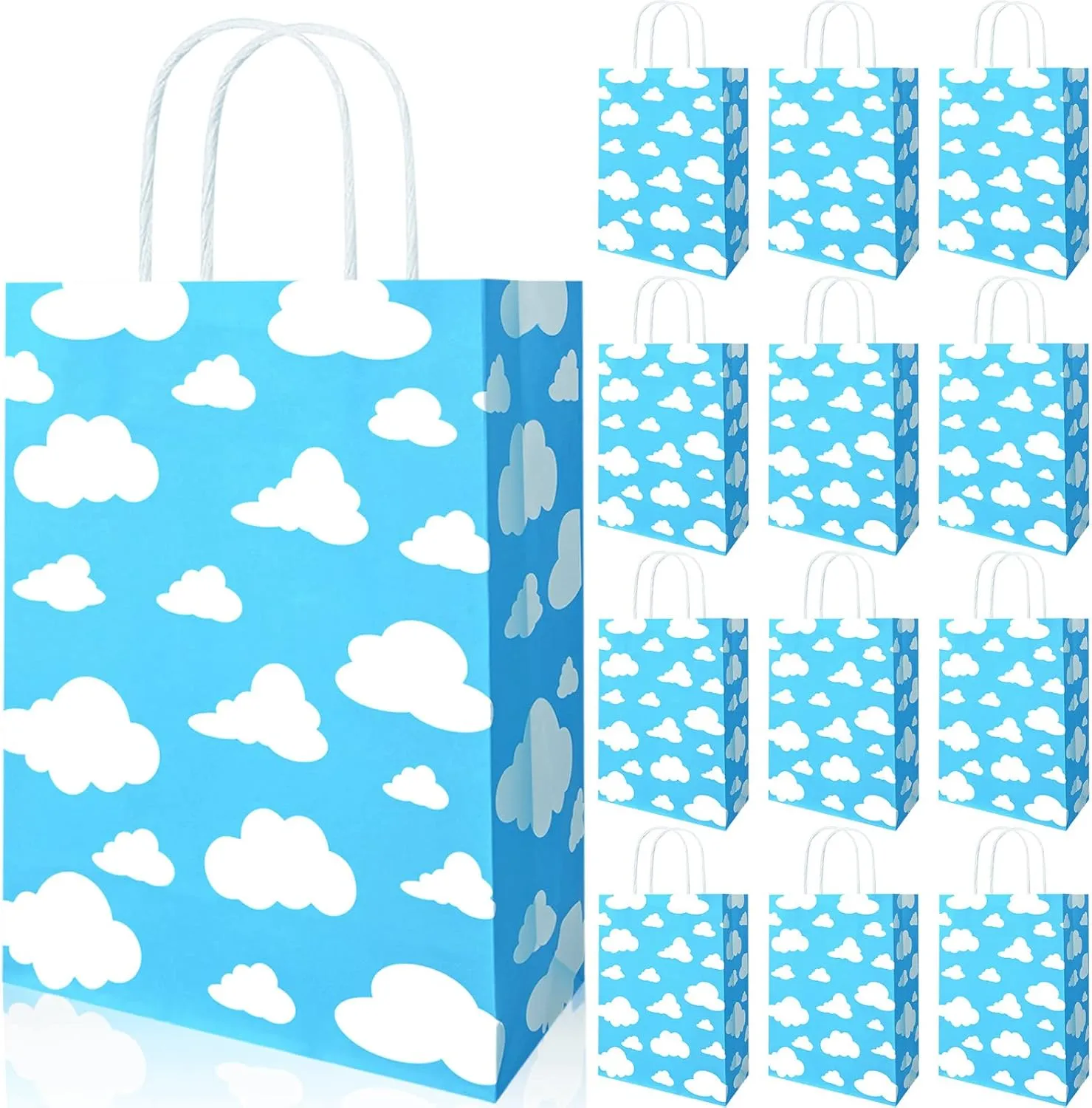 Bolsome 12 Pack Blue Sky White Clouds Paper Gift Bags with Handle Blue and White Cartoon Themed Candy Bags for Birthday Baby Shower Airplane Theme Rainbow Theme Cartoon Story Party Supplies
