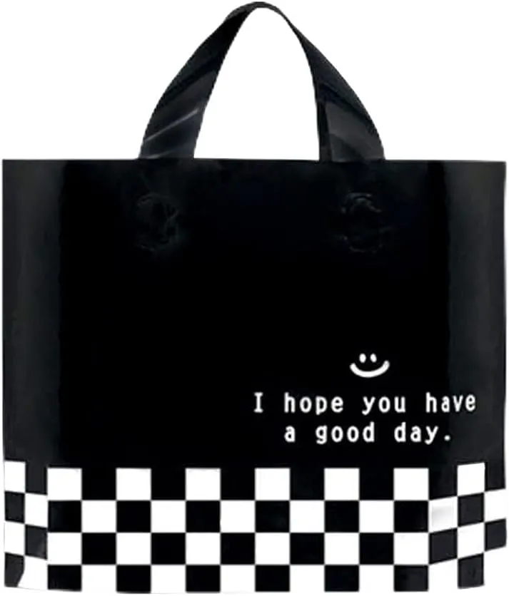 Booge 50 Count 9.8'' x 11.8'' Plastic Merchandise Thank You Bags,Shopping Bags, Retail Bags, Merchandise Bags Gift Bags with Handle for Customers Parties Favors Goodies - Black and White Lattice