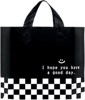 Booge 50 Count 9.8'' x 11.8'' Plastic Merchandise Thank You Bags,Shopping Bags, Retail Bags, Merchandise Bags Gift Bags with Handle for Customers Parties Favors Goodies - Black and White Lattice