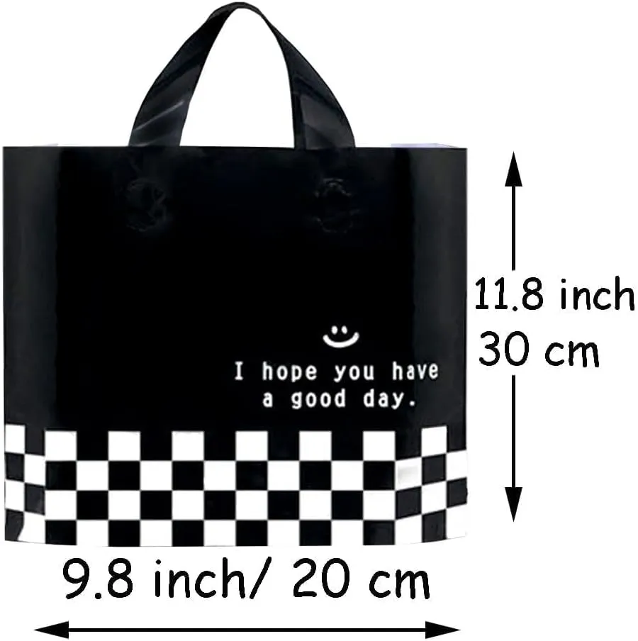 Booge 50 Count 9.8'' x 11.8'' Plastic Merchandise Thank You Bags,Shopping Bags, Retail Bags, Merchandise Bags Gift Bags with Handle for Customers Parties Favors Goodies - Black and White Lattice