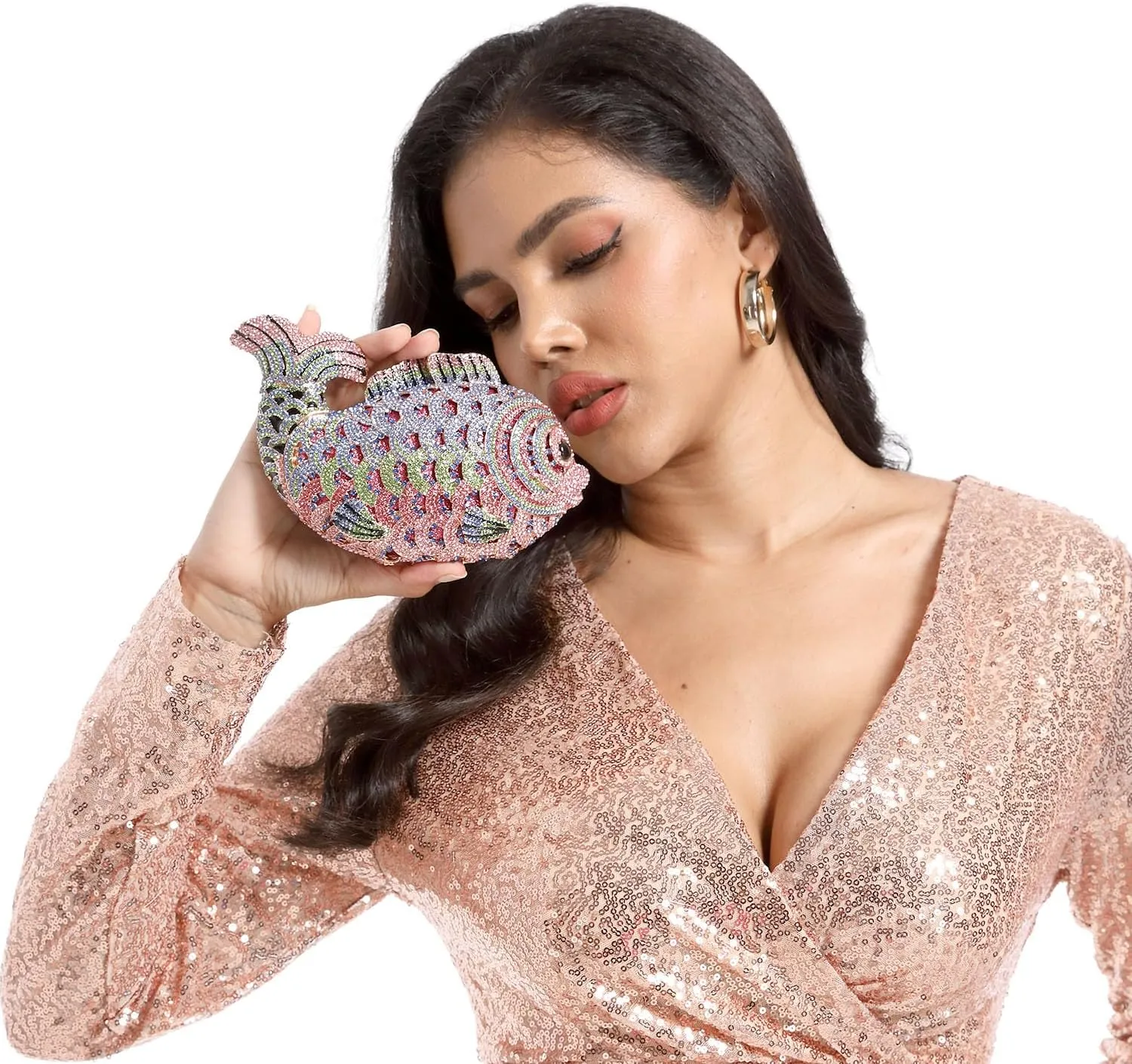 Boutique De FGG Fish Rhinestone Clutch Purses for Women Formal Evening Bags Prom Purse Wedding Party Crystal Clutch Bag,Mini