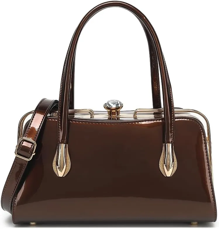 BOW FRAME SATCHEL WITH DETACHABLE SHOULDER STRAP PATENT LEATHER