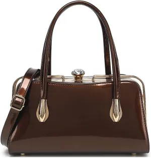 BOW FRAME SATCHEL WITH DETACHABLE SHOULDER STRAP PATENT LEATHER