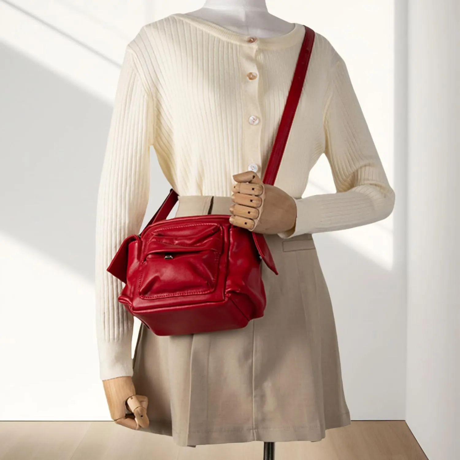 Boxy Soft Leather Crossbody Bag, Versatile Single Shoulder Bag Small Square Bag,Comfortable Handles Bag