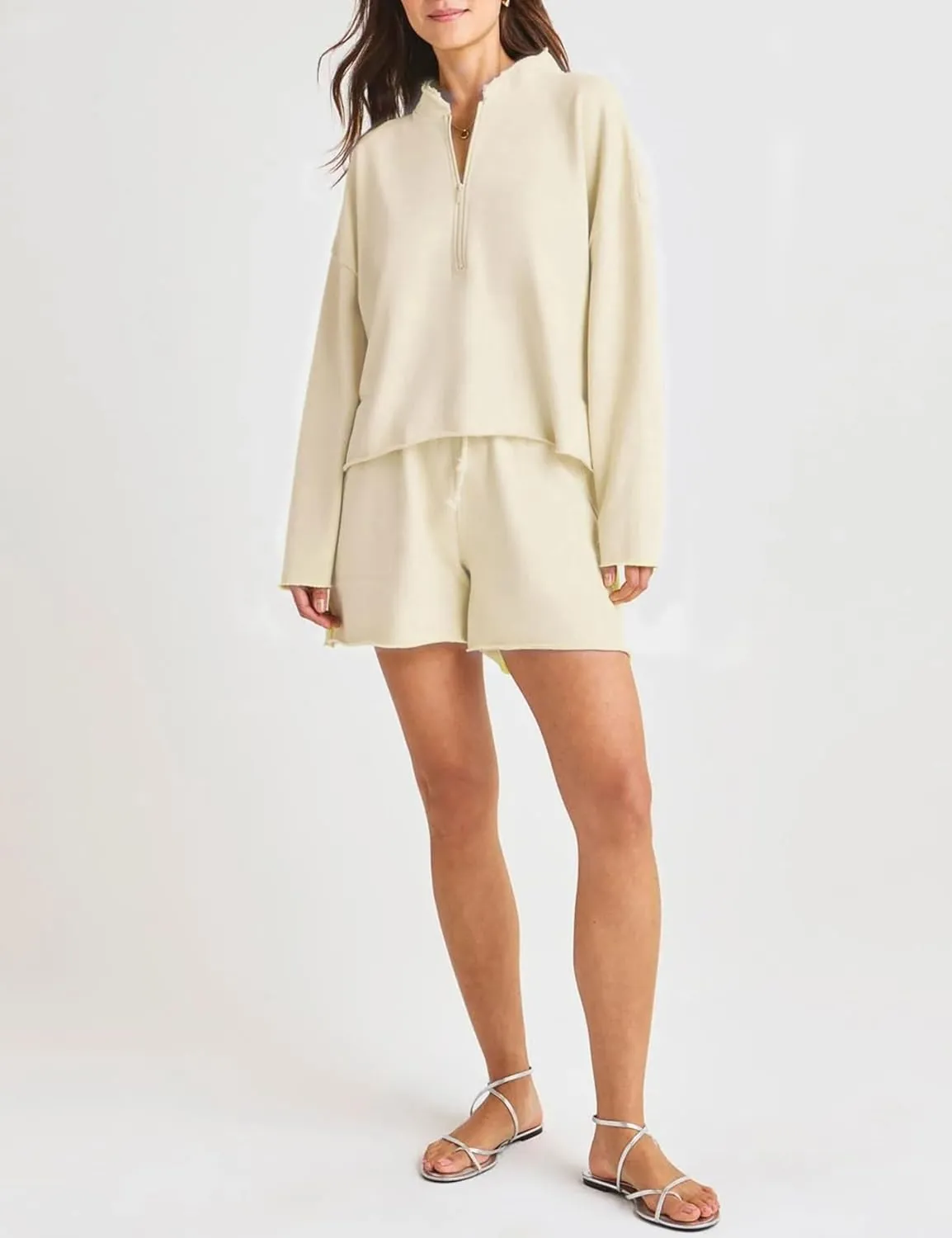 Bozanly Women's 2 Piece Outfits Casual Quarter Zip Long Sleeve Pullover and Drawstring Shorts Lounge Set