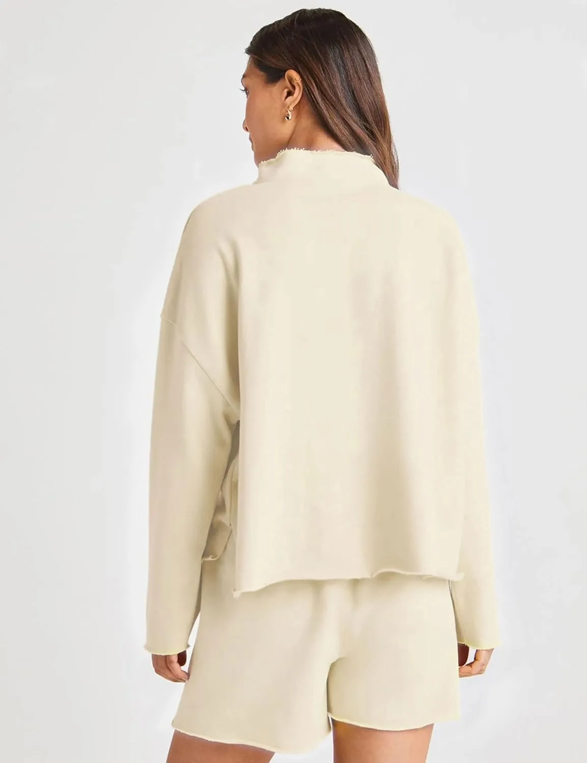 Bozanly Women's 2 Piece Outfits Casual Quarter Zip Long Sleeve Pullover and Drawstring Shorts Lounge Set
