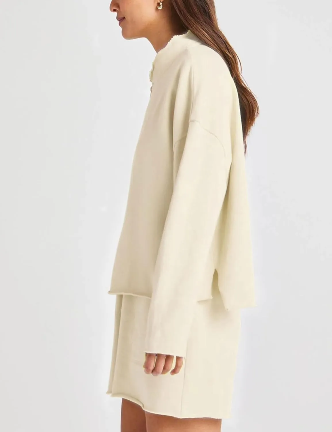 Bozanly Women's 2 Piece Outfits Casual Quarter Zip Long Sleeve Pullover and Drawstring Shorts Lounge Set