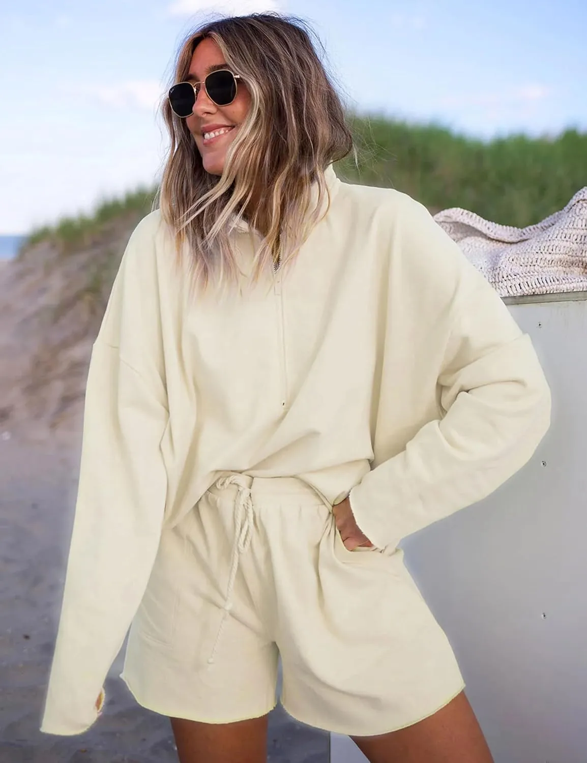 Bozanly Women's 2 Piece Outfits Casual Quarter Zip Long Sleeve Pullover and Drawstring Shorts Lounge Set