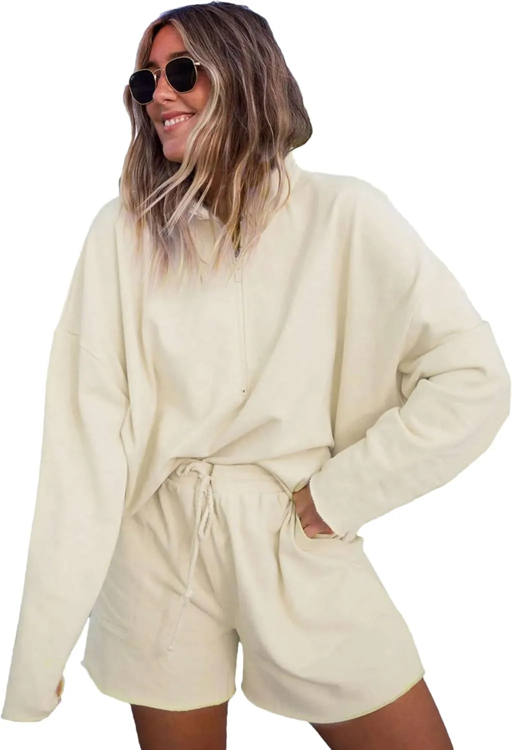 Bozanly Women's 2 Piece Outfits Casual Quarter Zip Long Sleeve Pullover and Drawstring Shorts Lounge Set