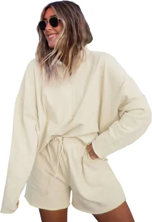 Bozanly Women's 2 Piece Outfits Casual Quarter Zip Long Sleeve Pullover and Drawstring Shorts Lounge Set