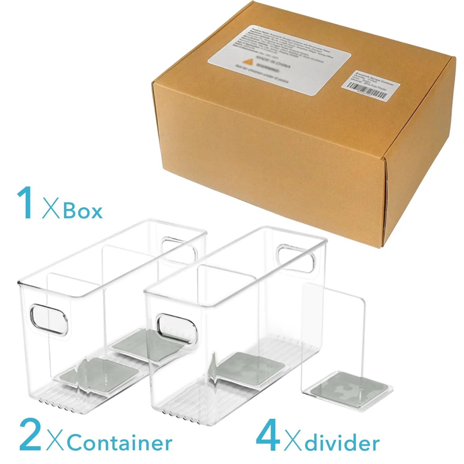Breastmilk Storage Container with L Shaped Dividers to Flatten Standing Breast Milk Bags in Organizer Bins Save Refrigerator Space | 2 Containers with 4 Removable Separator Boards - Gray