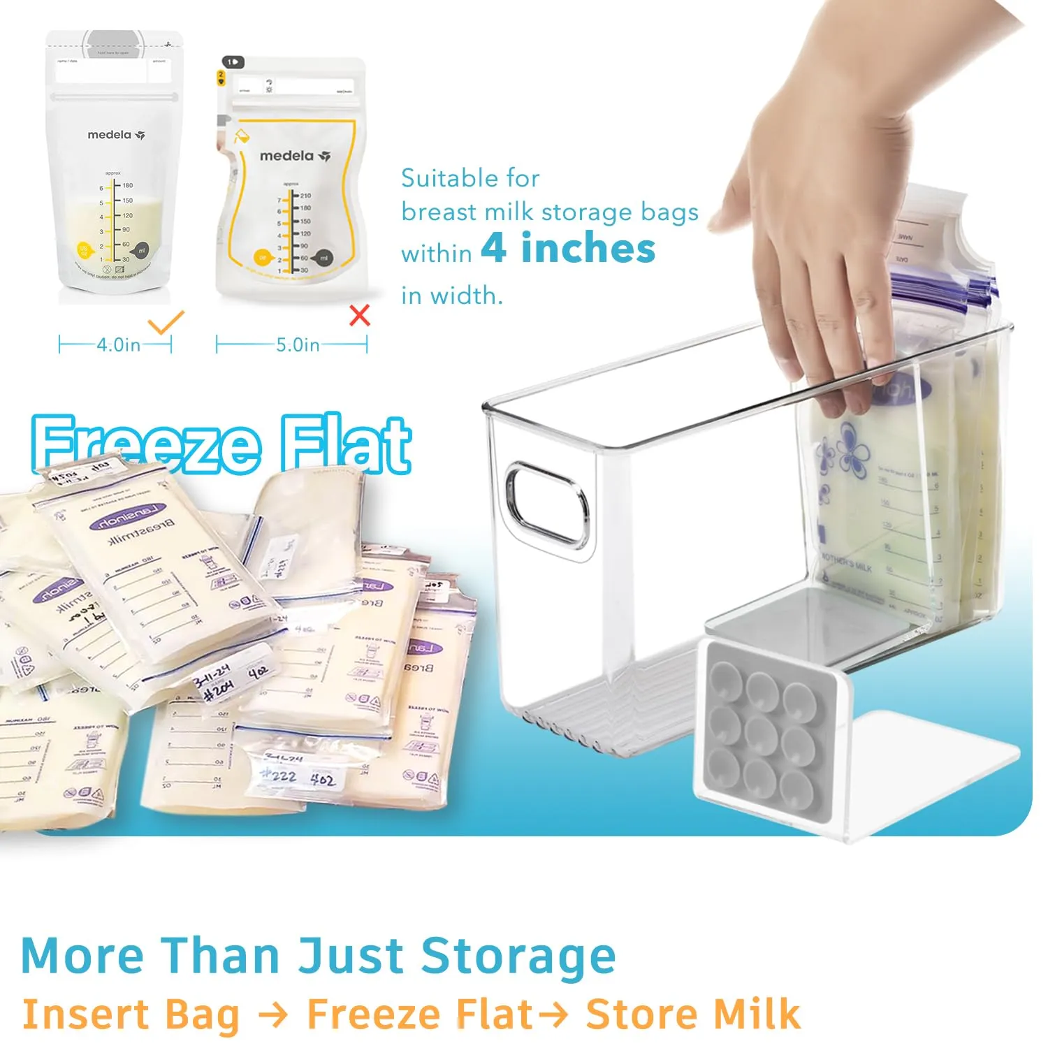 Breastmilk Storage Container with L Shaped Dividers to Flatten Standing Breast Milk Bags in Organizer Bins Save Refrigerator Space | 2 Containers with 4 Removable Separator Boards - Gray