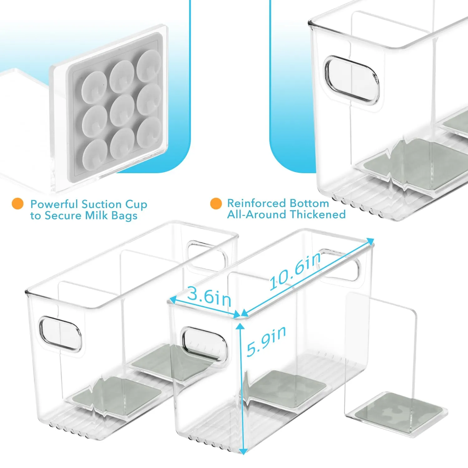 Breastmilk Storage Container with L Shaped Dividers to Flatten Standing Breast Milk Bags in Organizer Bins Save Refrigerator Space | 2 Containers with 4 Removable Separator Boards - Gray