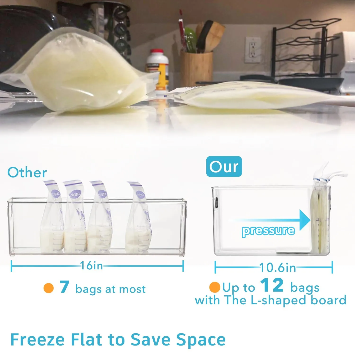 Breastmilk Storage Container with L Shaped Dividers to Flatten Standing Breast Milk Bags in Organizer Bins Save Refrigerator Space | 2 Containers with 4 Removable Separator Boards - Gray