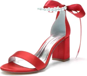 Bridal Shoes Satin Bowknot Strap Wedding Pumps 8CM Block Heels Pearl Ankle Buckle Bride Sandals Evening Open Toe Party Dress Beaded