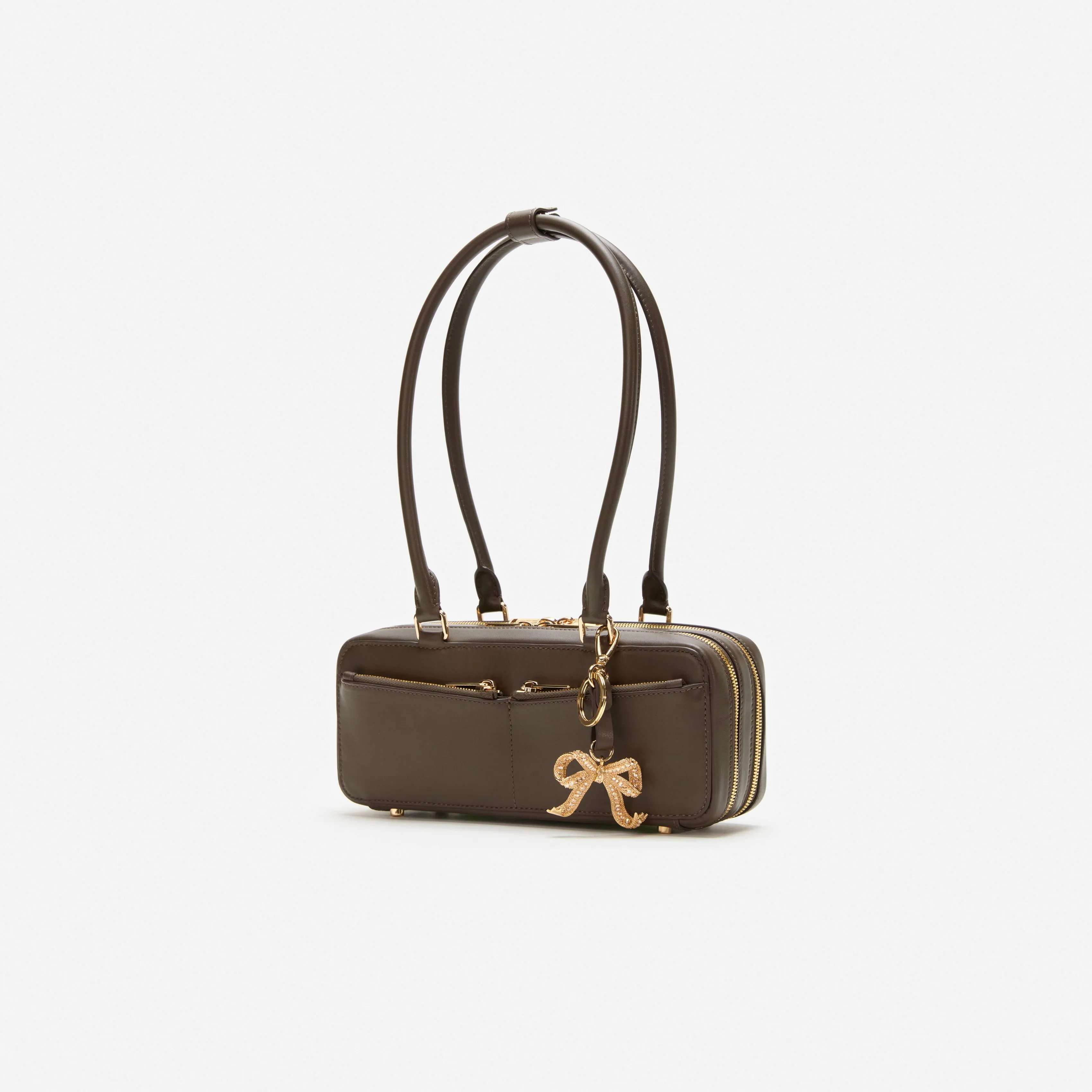 Brown Leather Baguette Shoulder Bag With Charm
