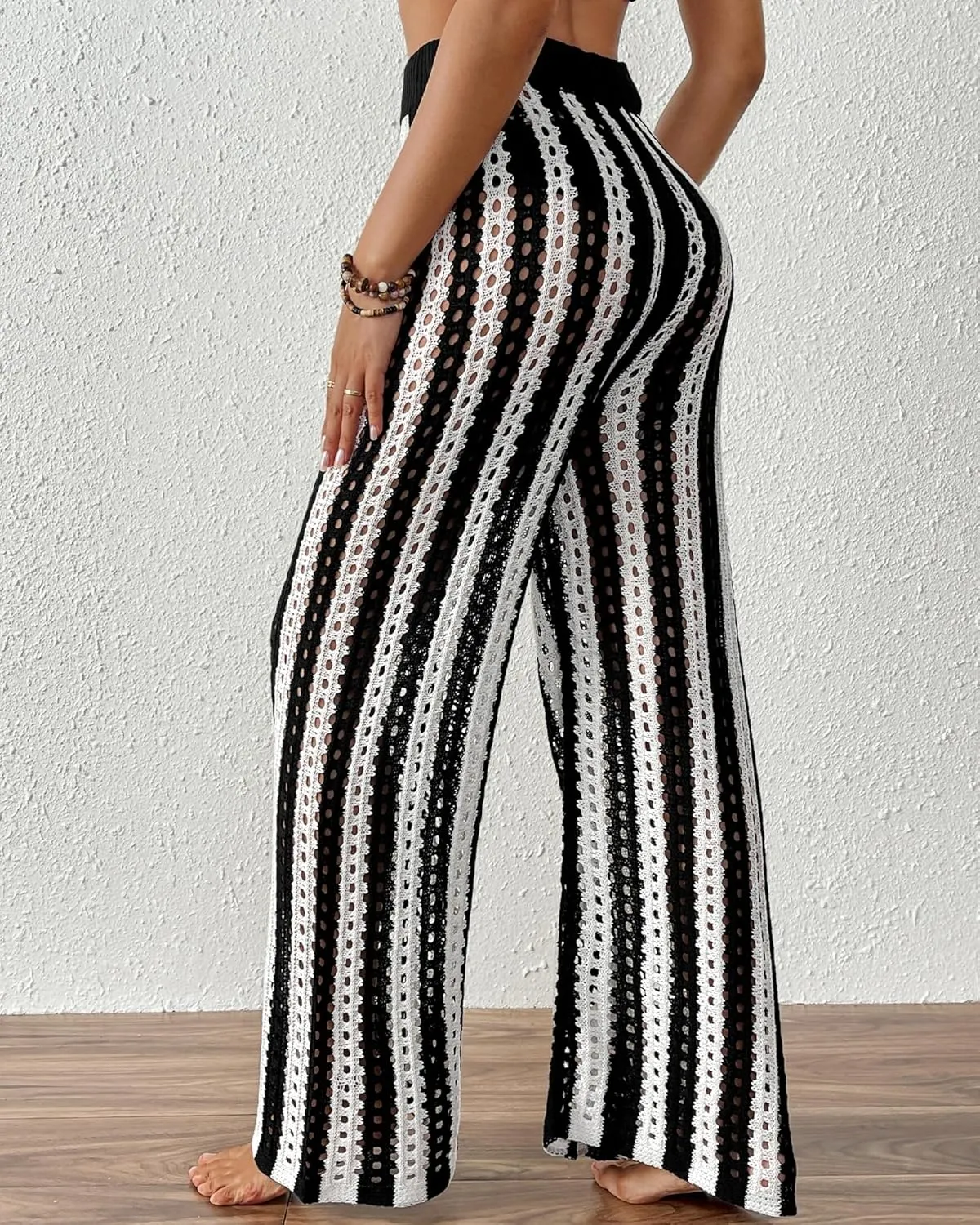 Bsubseach Womens Crochet Pants Beach Swimsuit Coverup Striped Wide Leg Pant Mesh Knit Cover up 2025 Summer Vacation Outfits