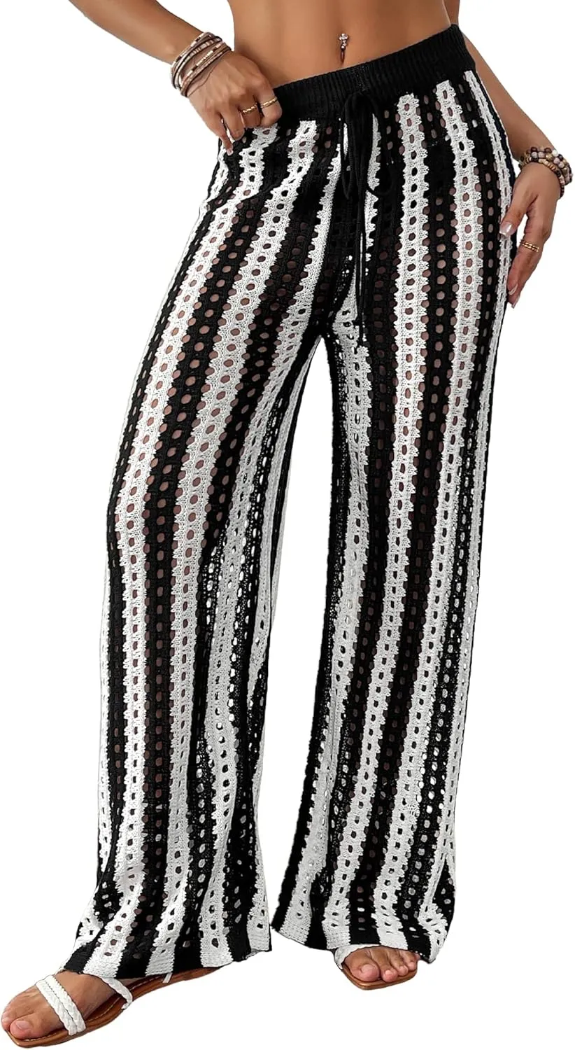Bsubseach Womens Crochet Pants Beach Swimsuit Coverup Striped Wide Leg Pant Mesh Knit Cover up 2025 Summer Vacation Outfits