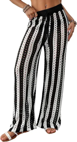 Bsubseach Womens Crochet Pants Beach Swimsuit Coverup Striped Wide Leg Pant Mesh Knit Cover up 2025 Summer Vacation Outfits