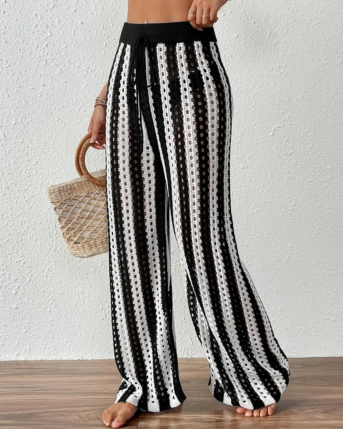 Bsubseach Womens Crochet Pants Beach Swimsuit Coverup Striped Wide Leg Pant Mesh Knit Cover up 2025 Summer Vacation Outfits
