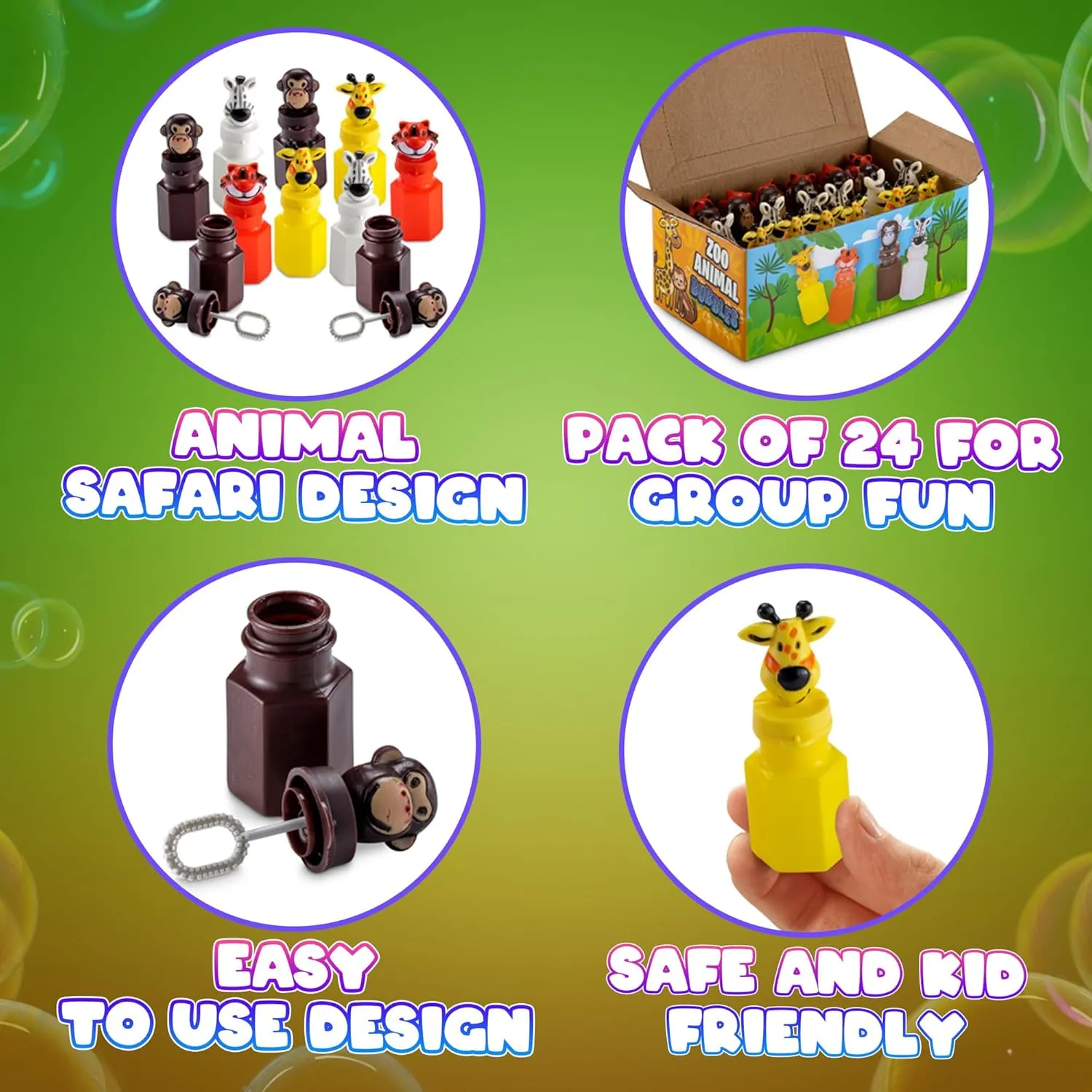 Bulk Animal Bubbles - (Pack of 24) Safari Party Favors, Mini Wand Bottles and Assorted Jungle Zoo Characters, Baby Showers, Themed Birthday, Goody Bag Toys for Kids