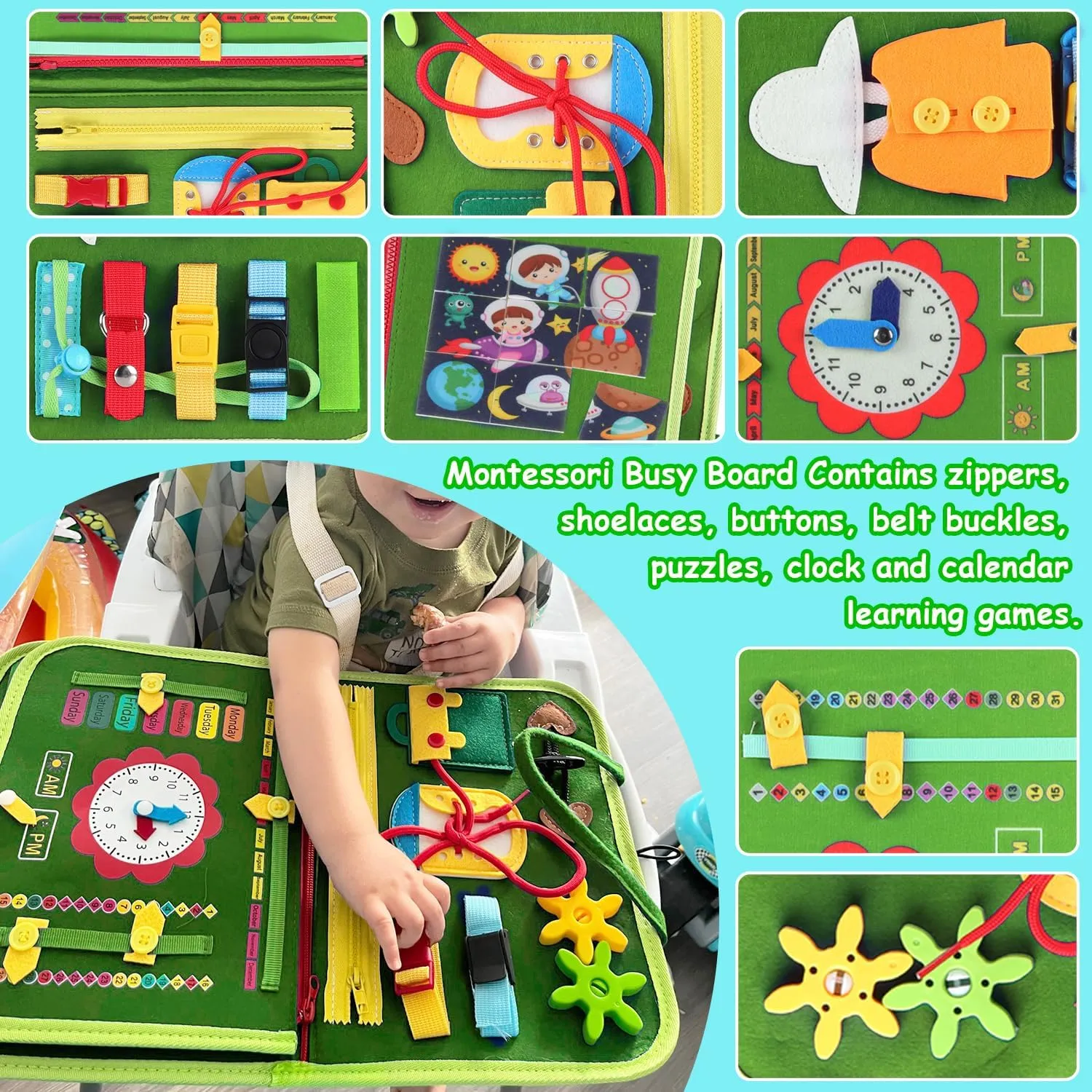 Busy Board Montessori Toys for 1 2 3 4 Year Old Boys & Girls Bithday Gifts,Preschool Learning Activities for Learning Fine Motor Skills-Autism Toddler Travel Toys (Green)