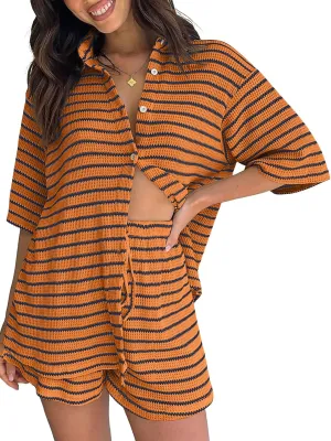 BWQ Womens 2 Piece Lounge Sets Casual Striped Knit Short Sleeve Button Down Shirt and Shorts Summer Matching Sets