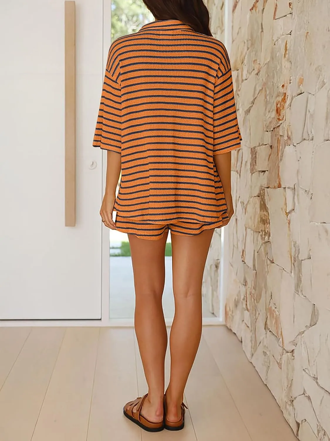 BWQ Womens 2 Piece Lounge Sets Casual Striped Knit Short Sleeve Button Down Shirt and Shorts Summer Matching Sets