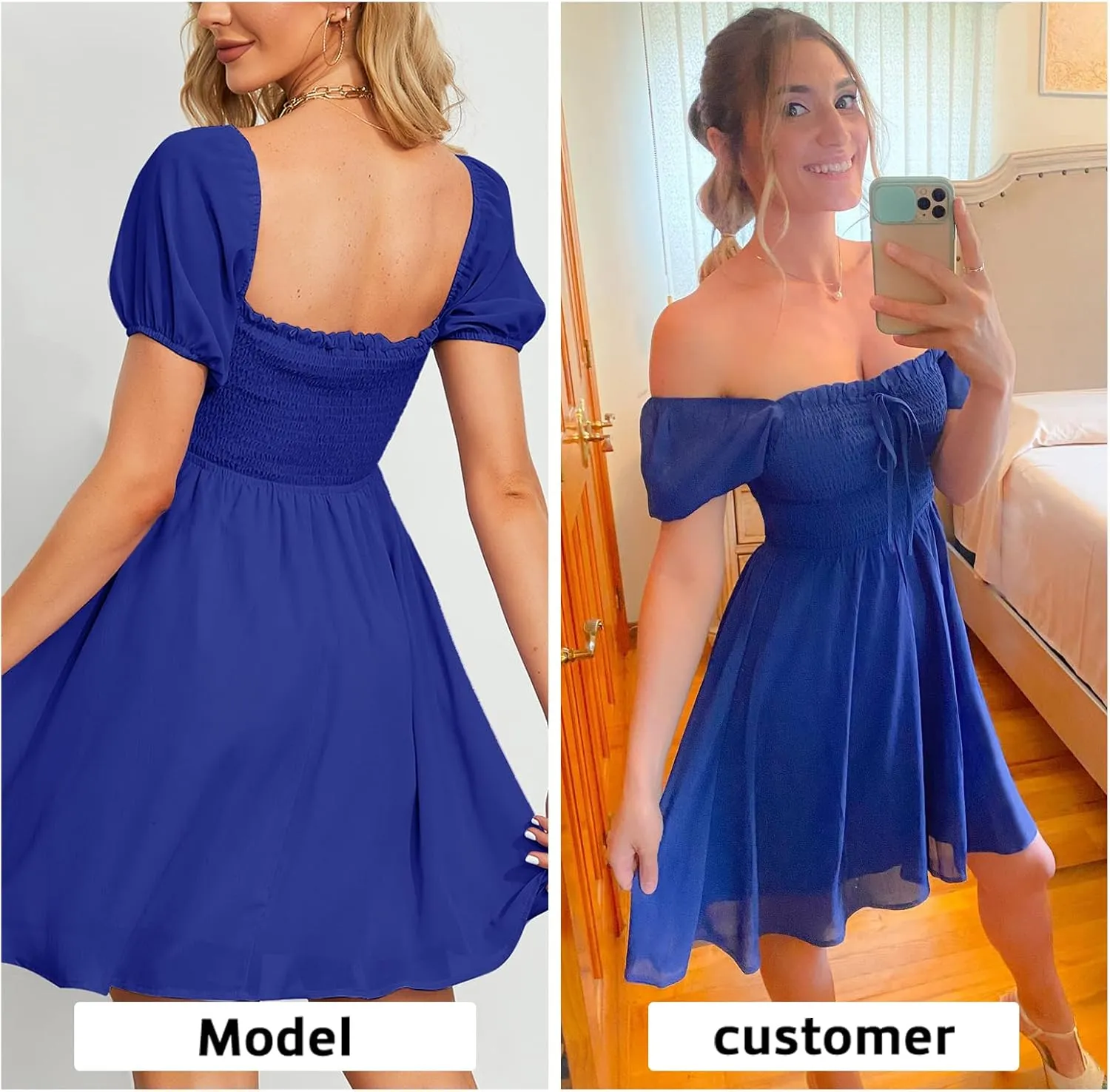 Byinns Women's Sweetheart Neckline Dress Smocked Sundress Puff Short Sleeve Drawstring Dresses