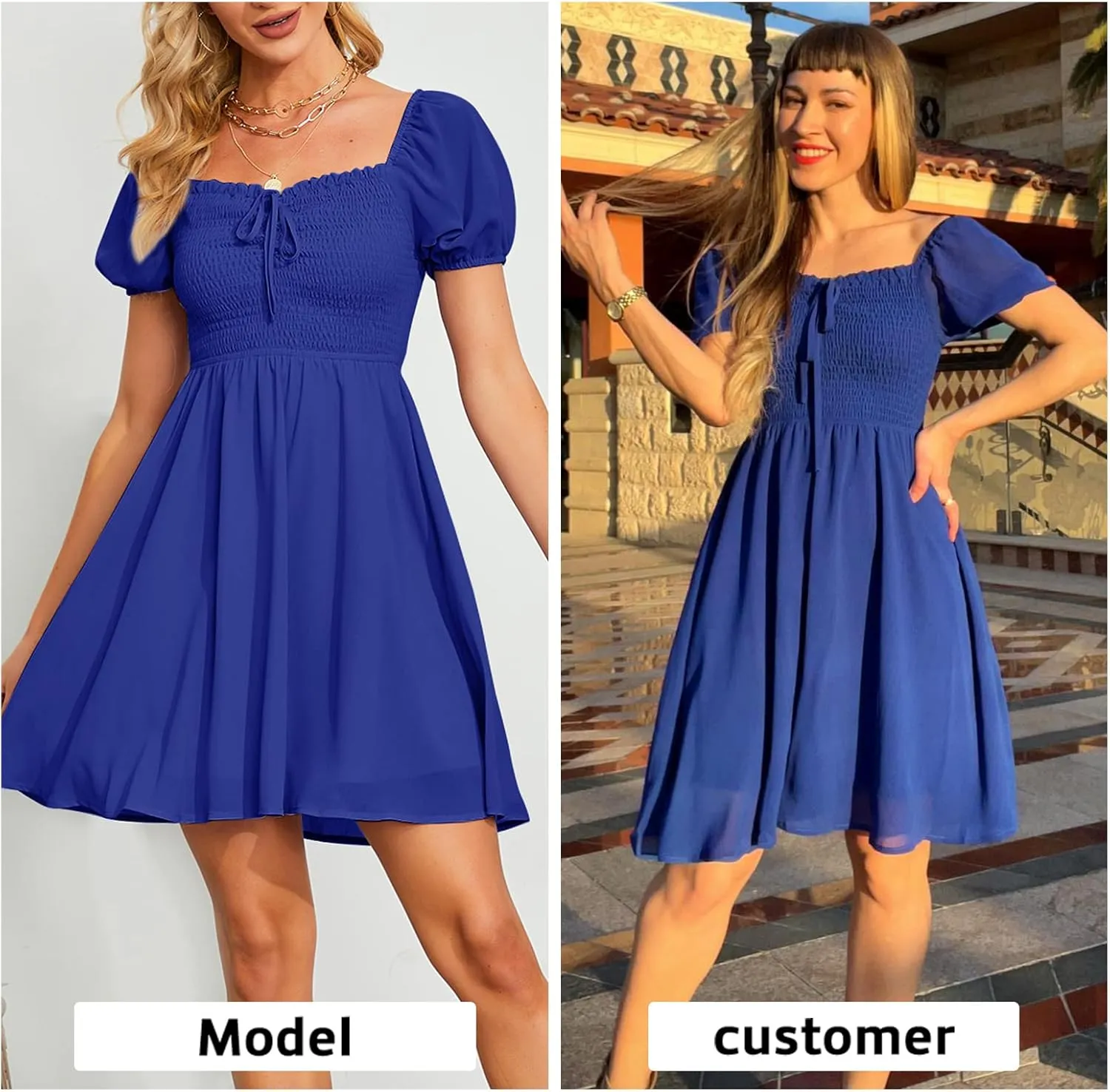 Byinns Women's Sweetheart Neckline Dress Smocked Sundress Puff Short Sleeve Drawstring Dresses