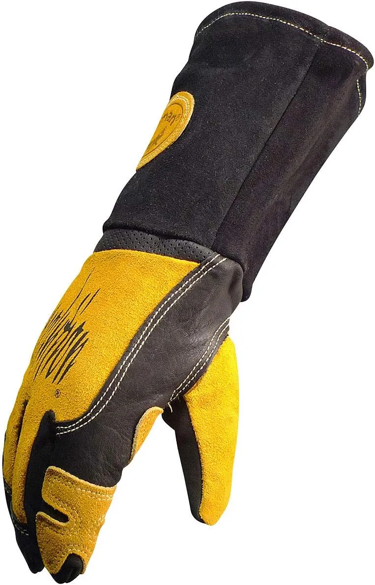 Caiman Premium Top Grain Cowhide Leather MIG/Stick Welder's Glove with Flame Resistant Fleece, Laminated Foam Insulation, Cool-Design, Tuff-Steer, Kevlar, Black/Gold, X-Large (1832-6)