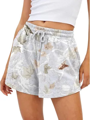 Camo Shorts Women Casual Elastic Waist Lounge Shorts Maple Leaf Print Drawstring Camouflage SweatShorts with Pocket