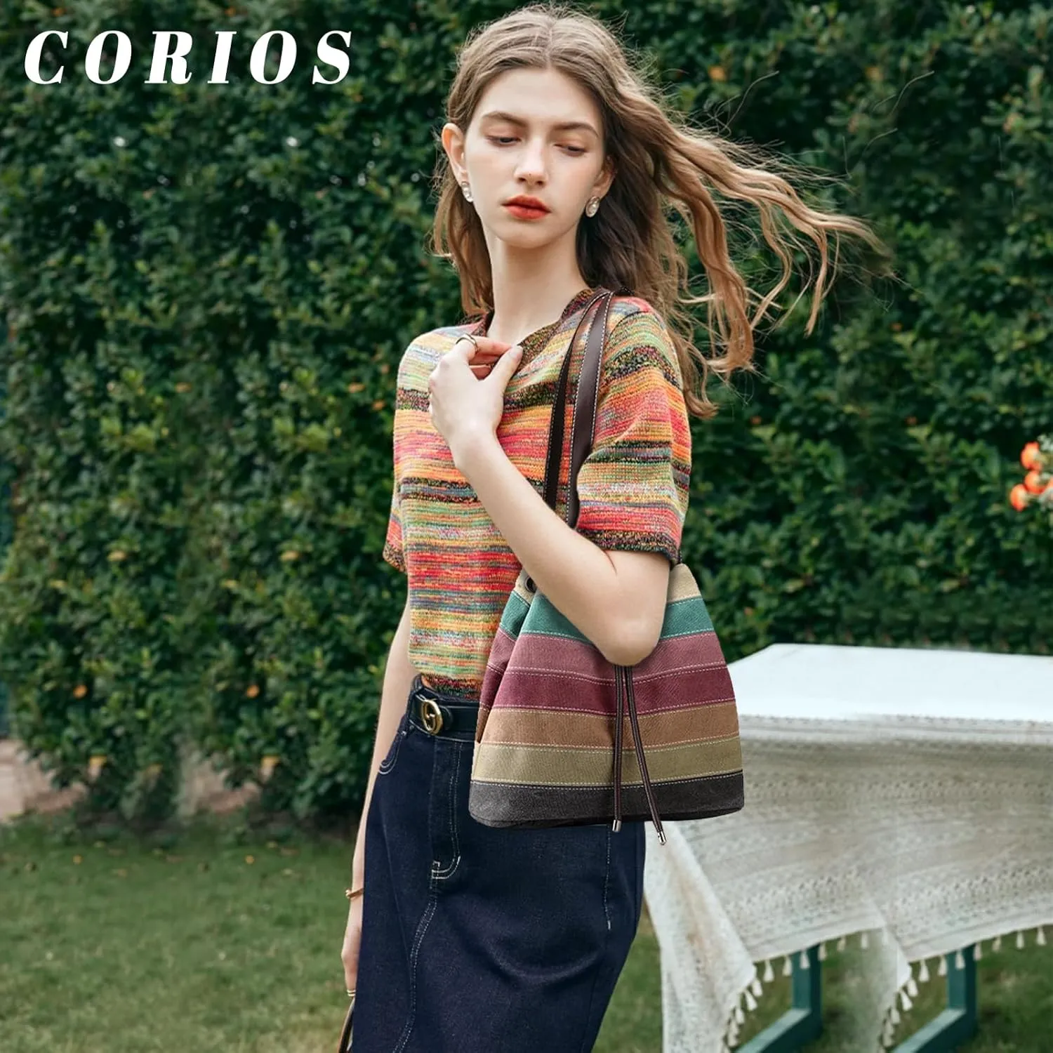 Canvas Shoulder Bag for Women Multi-Colour Striped Handbag Casual Top Handle Bag Large Hobo Bag Multi-Pocket Tote Bag