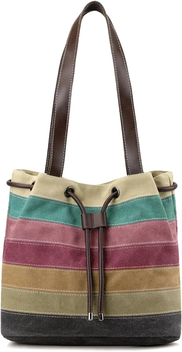Canvas Shoulder Bag for Women Multi-Colour Striped Handbag Casual Top Handle Bag Large Hobo Bag Multi-Pocket Tote Bag